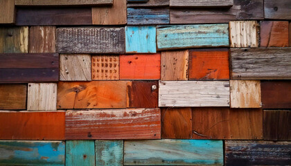 Vibrant abstract aged wood texture with stacked wooden blocks on wall – Colorful artistic.