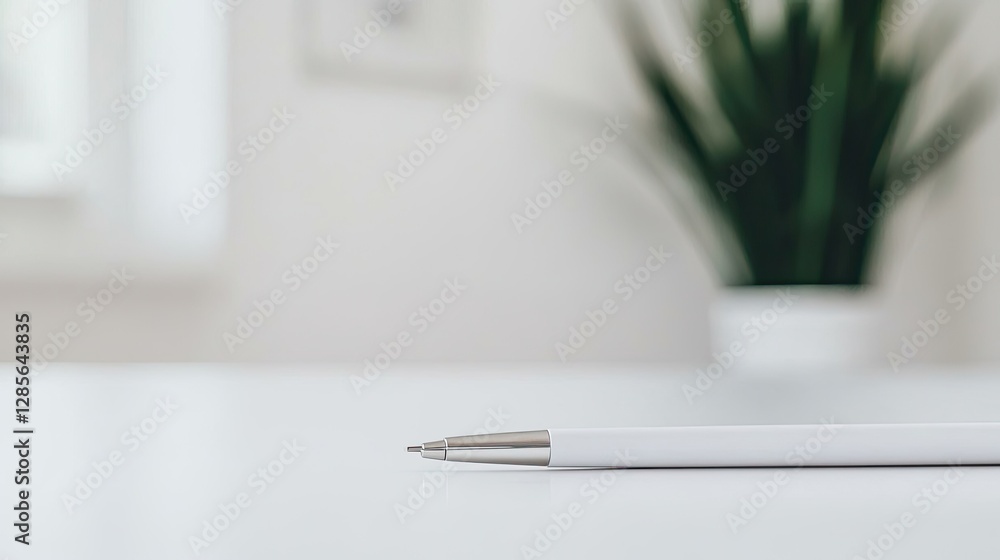 Poster a close-up of a white pen resting on a smooth surface, with a plant visible in the background, creat