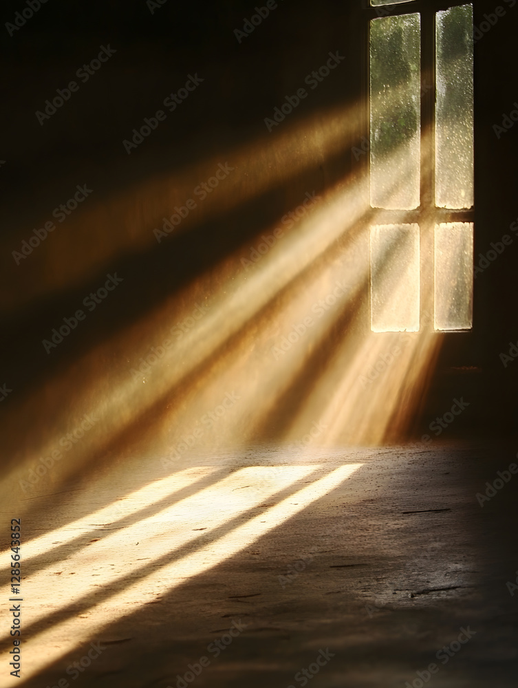 Poster Sunbeams streaming through rustic window illuminating dark empty room : Generative AI