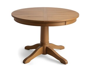 A round wooden dining table with a pedestal base