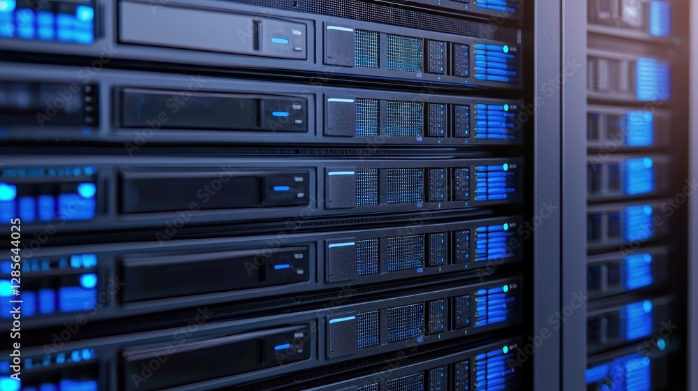 Poster a close-up view of a server rack featuring multiple servers with blue led indicators, showcasing mod