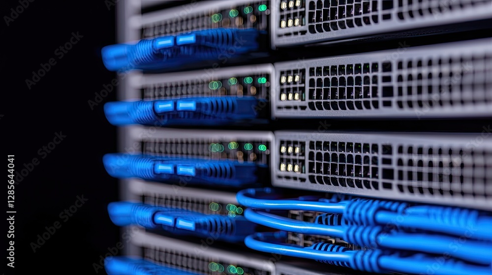 Poster a close-up view of server equipment with blue ethernet cables connected, showcasing data center tech