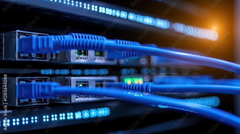 Poster a close-up of network cables connected to a server, highlighting the blue ethernet cables and illumi