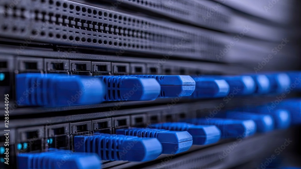 Poster close-up of network cables connected to a server, showcasing the intricate details of digital infras