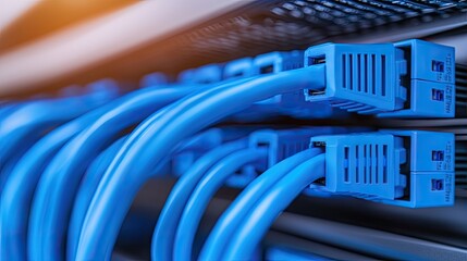 Close-up of blue network cables connected to a server, showcasing connectivity and technology in a modern data center.