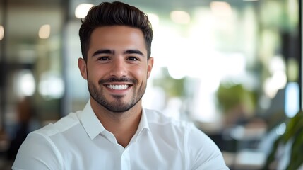 Fototapeta premium Confident Asian Businessman Smiling in Modern Office Setting