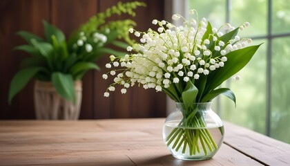 A bouquet of white lily of the valley flowers in a glass vase on a wooden table, with a blurred green foliage background