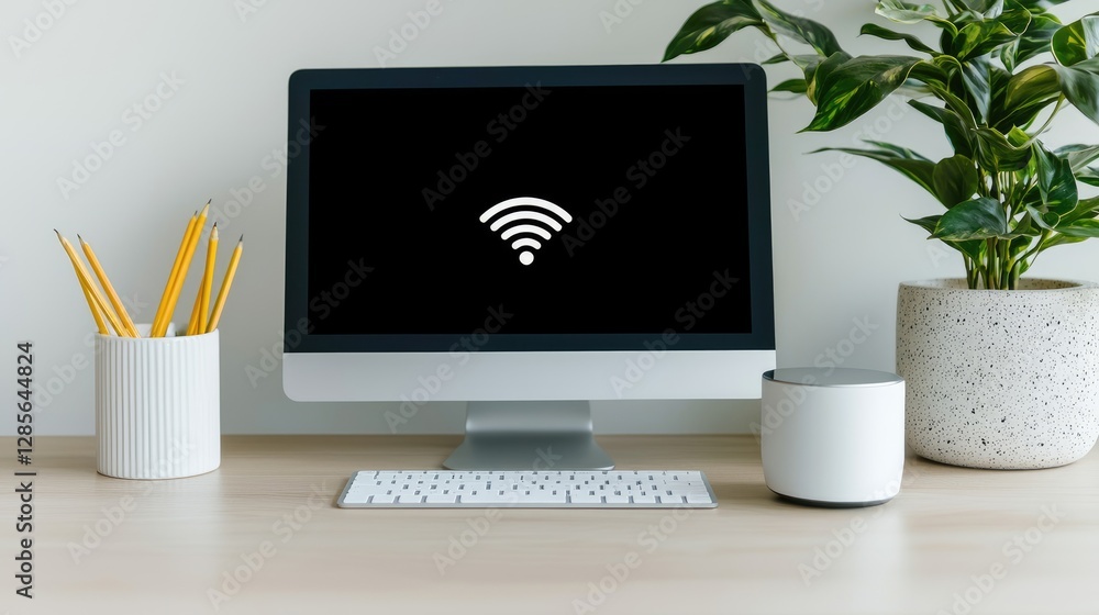 Poster a modern workspace featuring a computer displaying a wi-fi symbol, surrounded by greenery and minima