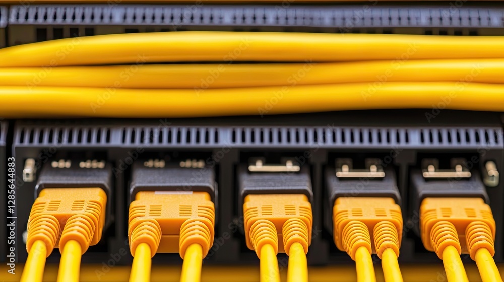 Poster a close-up view of yellow network cables plugged into a switch, showcasing the organized connectivit