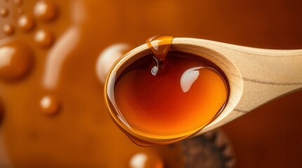 A wooden spoon holds a generous helping of golden maple syrup, ready to drizzle over breakfast.