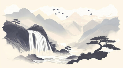 Elegant Ink Wash Painting of a Waterfall in Misty Mountains with Flying Birds

