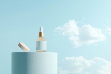 Floating product stand against a muted sky-blue background, pastel elegance.