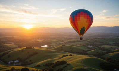 Fototapeta premium Hot air balloon floating above rolling hills at sunrise for adventure and travel promotions. A colorful hot air balloon drifts gracefully over a