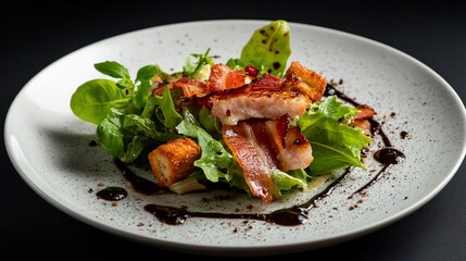 Delicious bacon salad with croutons and balsamic glaze on a white plate.