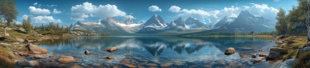 Breathtaking panoramic view of serene lake with surrounding majestic mountains. Generative AI