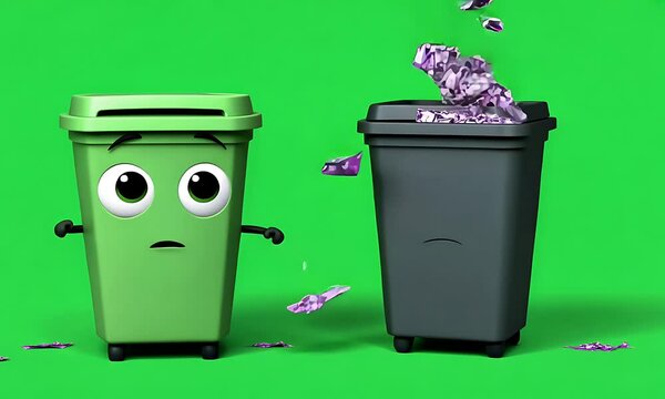 Animated trash cans overflowing with paper waste on a green screen