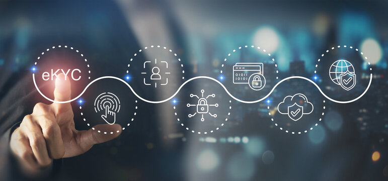 eKYC digital identity verification and security concept. Interacting with a futuristic digital interface the eKYC (electronic Know Your Customer) process. Biometric authentication and  data security. - Powered by Adobe