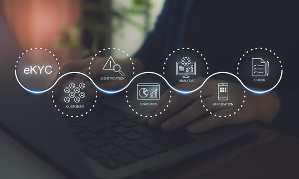Digital eKYC identity verification process. lnteracting laptop with displaying eKYC (electronic Know Your Customer) process; customer, identification, statistics, analysis, application, check.