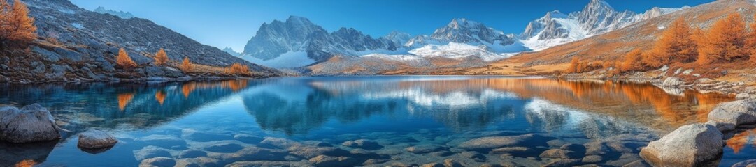 Fototapeta premium Autumn landscape with beautiful golden trees and snow-capped mountains reflecting in a calm lake. Generative AI