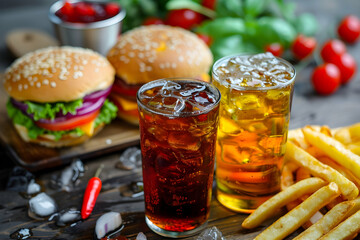 Delicious burgers and refreshing drinks served on a wooden table with fresh ingredients in the background