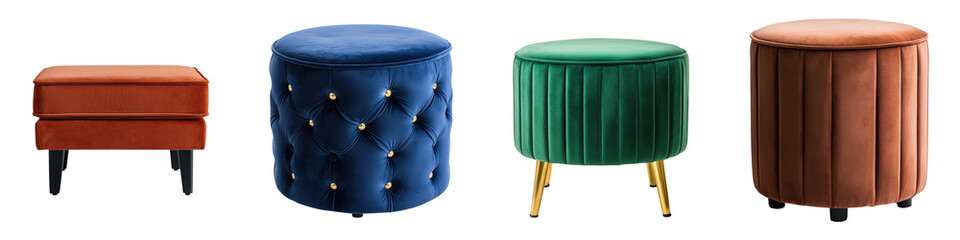 Assortment of Stylish and Cozy Upholstered Furniture Pieces Including Armchairs Ottomans and Poufs for Modern and Contemporary Home Interiors and Living Spaces