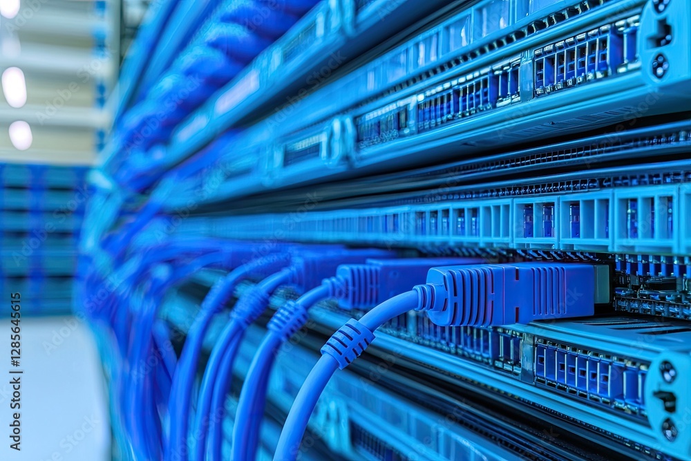 Poster a close-up view of network cables connected to a server rack, showcasing a vibrant blue color scheme