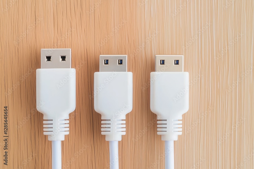 Poster three usb cables on a wooden surface, showcasing different connector types, emphasizing versatility 