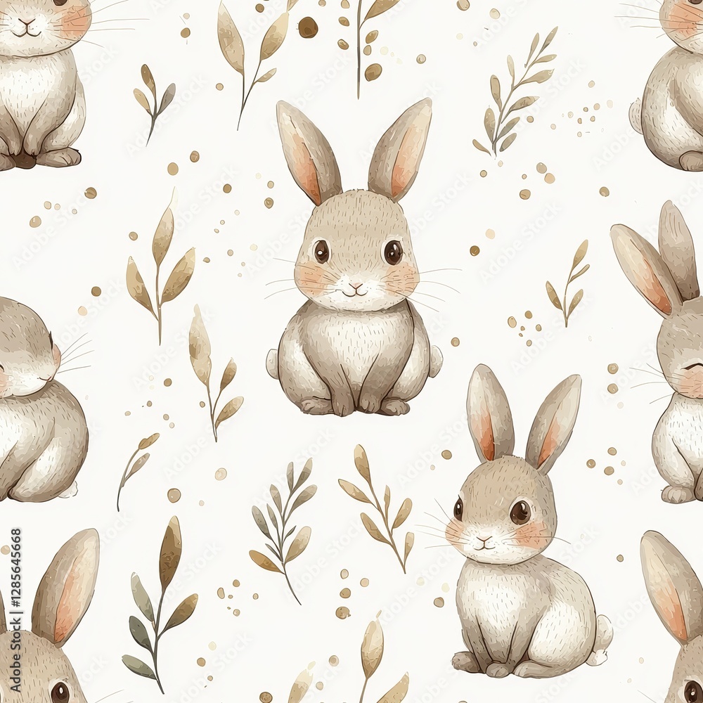 Poster charming pattern featuring playful rabbits surrounded by delicate leaves in a whimsical design ideal