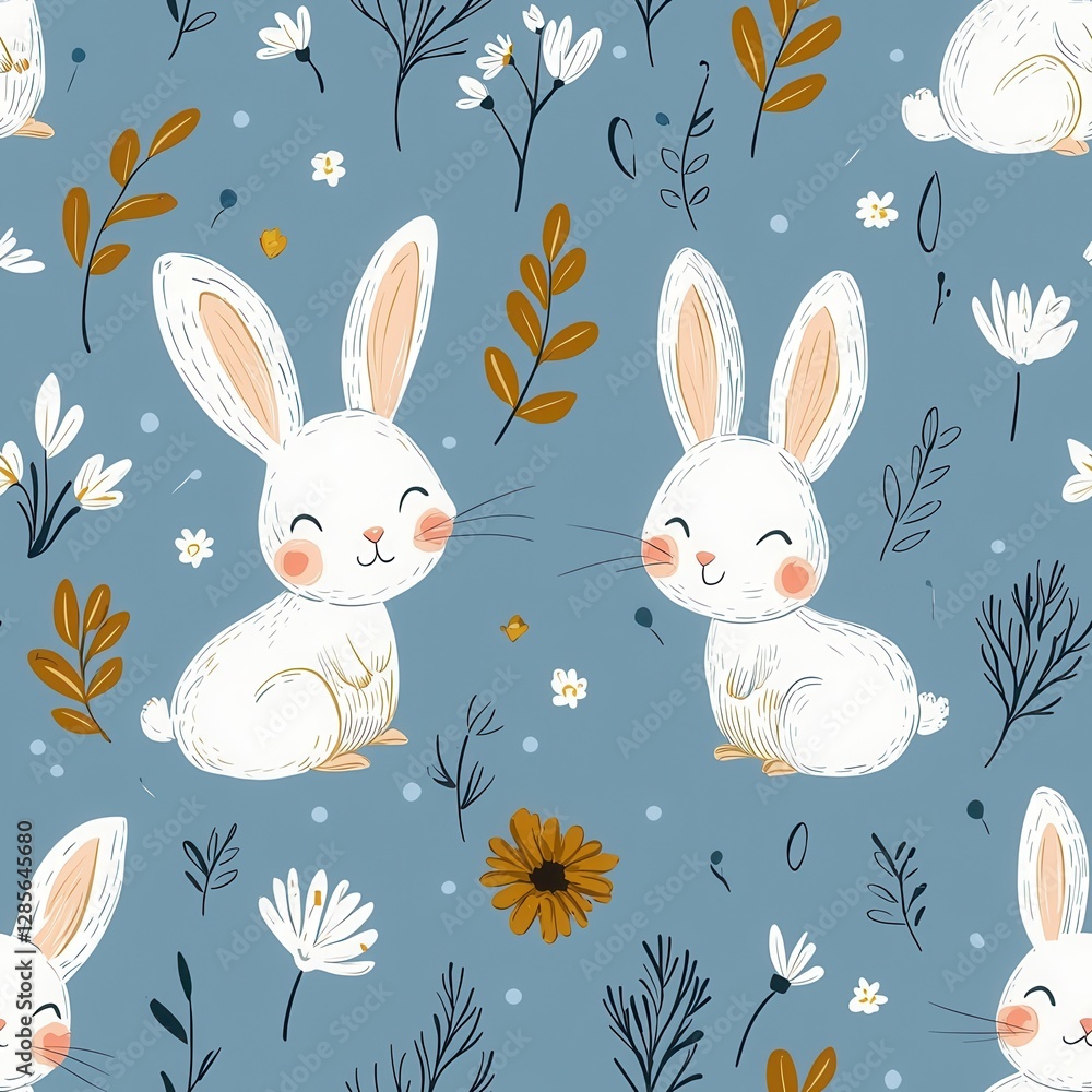 Poster adorable repeating pattern showcasing cute rabbits in various poses on a soft background perfect for