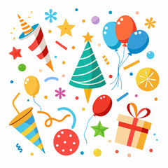 Colorful holiday celebration elements including balloons, gifts, confetti, and party poppers.