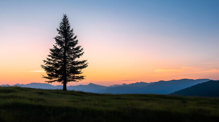 Scenic Sunset Landscape with Lone Pine Tree and Mountain Range : Generative AI