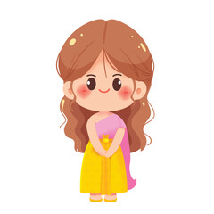 Cute Thai Girl in Traditional Thai Dress Cartoon Illustration