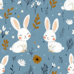 Obraz premium Adorable repeating pattern showcasing cute rabbits in various poses on a soft background perfect for fabric and craft projects