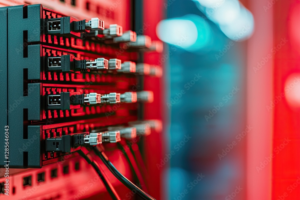 Aufkleber a close-up image of network cables connecting to a server rack, illuminated in vibrant red and blue 