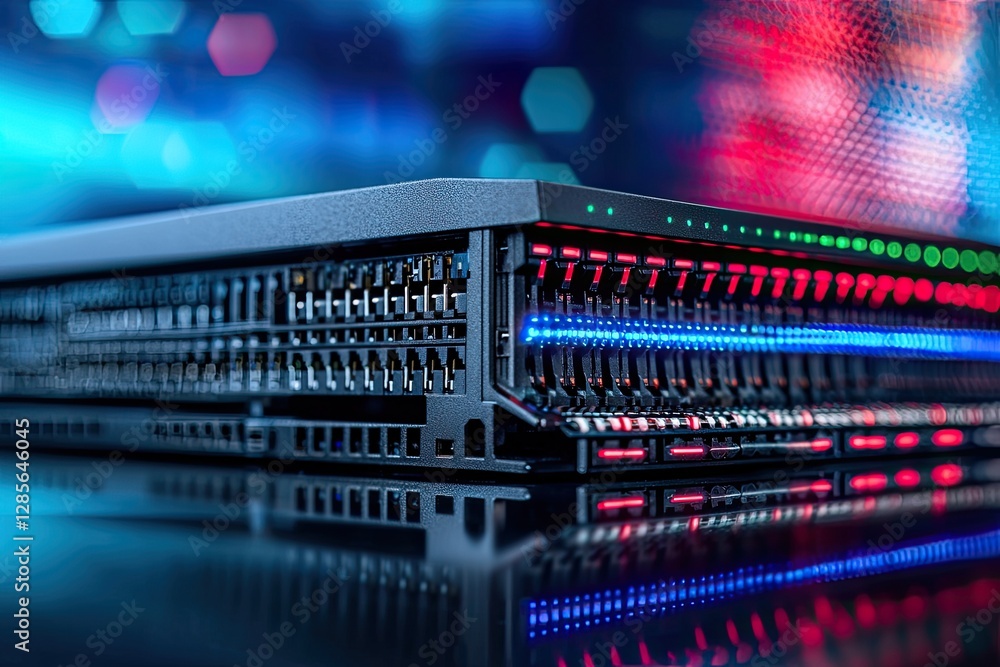 Poster a sleek server with illuminated components, set against a colorful digital background, showcasing te