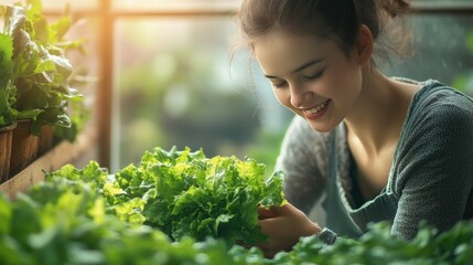 Obraz premium Urban gardening moments. Smiling Woman Tending to Lush Green Lettuce Plants in a Sunlit Indoor Garden