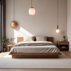 A modern and minimalist bedroom with a wooden bed frame, neutral-colored bedding, and a wooden nightstand