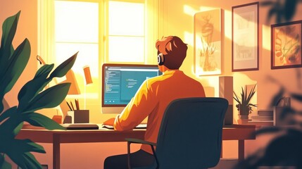 Fototapeta premium Person coding at a desk with plants and sunlight.