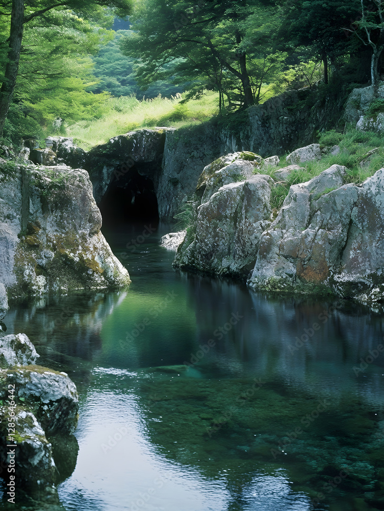 Poster tranquil forest stream with mossy rocks and bright greenery surrounding limestone cave : generative 