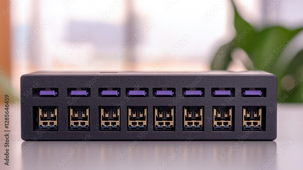 Poster a sleek usb hub with multiple ports, designed for easy connectivity and efficient data transmission 
