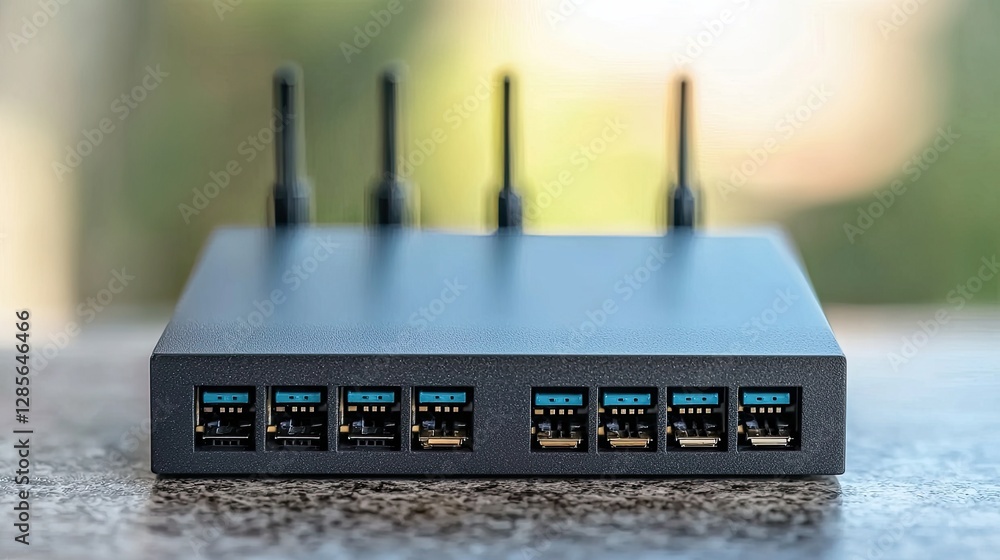 Poster a sleek black router with multiple ports and antennas, designed for high-speed connectivity and effi
