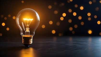 A glowing light bulb on a dark background with blurred golden bokeh lights