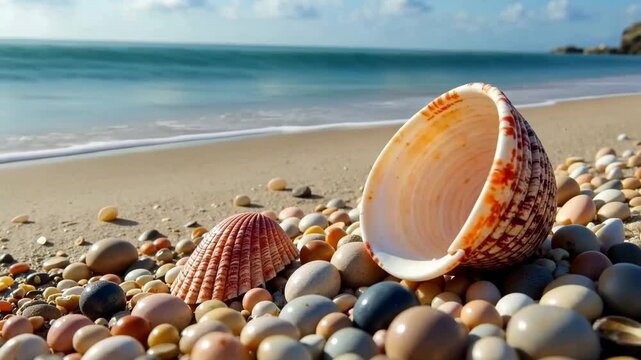Empty seashell on a tranquil pebble beach as ocean waves gently wash ashore