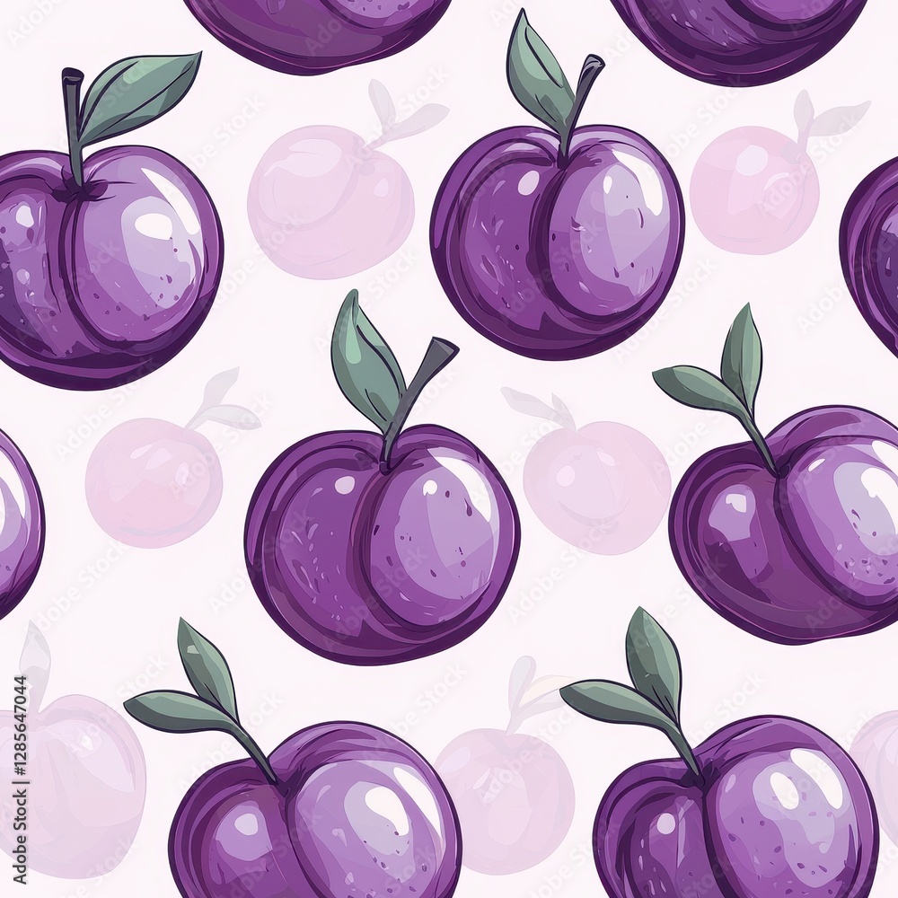 Poster intricate and vibrant pattern of purple plums repeatedly arranged on a soft background creating a cu