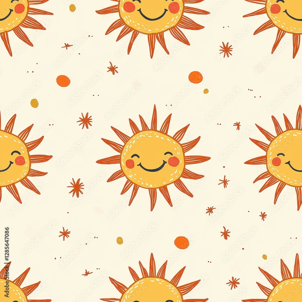 Poster cheerful pattern featuring a bright sun surrounded by whimsical elements creating a fun and playful 