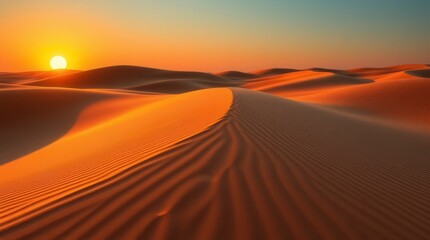 Naklejka premium Warm sunlight illuminates the rippled sand dunes, as the sun sets over the vast desert.
