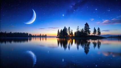 Naklejka premium Serene Twilight Crescent Moon Reflecting on a Tranquil Lake Surrounded by Silhouetted Trees Under a Starry Night Sky