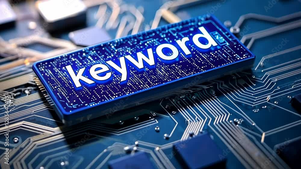 Poster close-up of a circuit board with glowing keywords for tech innovation and digital transformation.