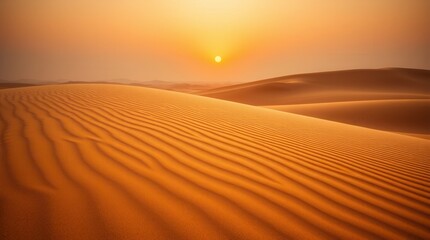 Naklejka premium Golden sunlight bathes the undulating sand dunes of a vast desert at sunset, creating a peaceful vista.