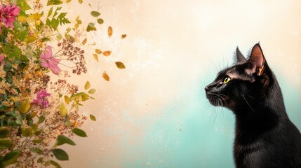 Elegant Black Cat Gazing at Autumn Leaves and Flowers Beautiful feline portrait against a soft pastel background